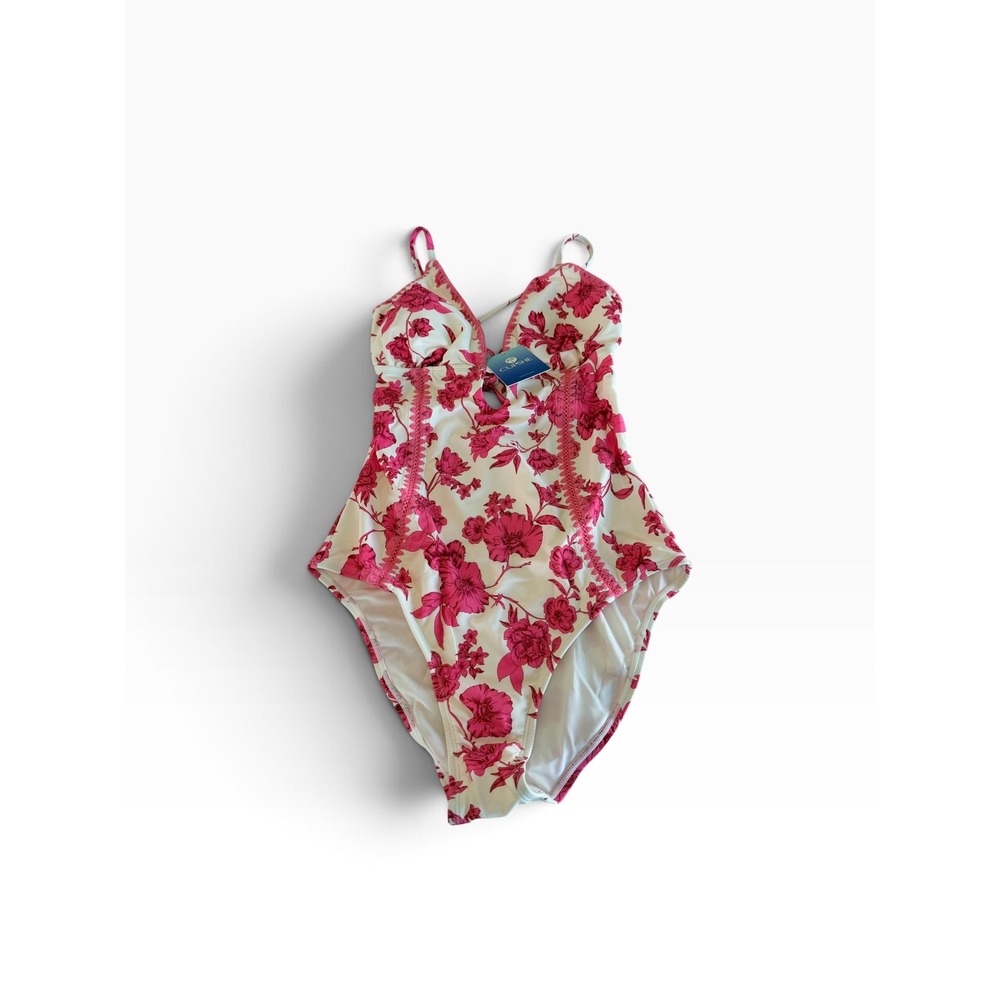 Cupshe Womens Pink Floral Crochet Trim One Piece Swimsuit CAA12E5M015GD L